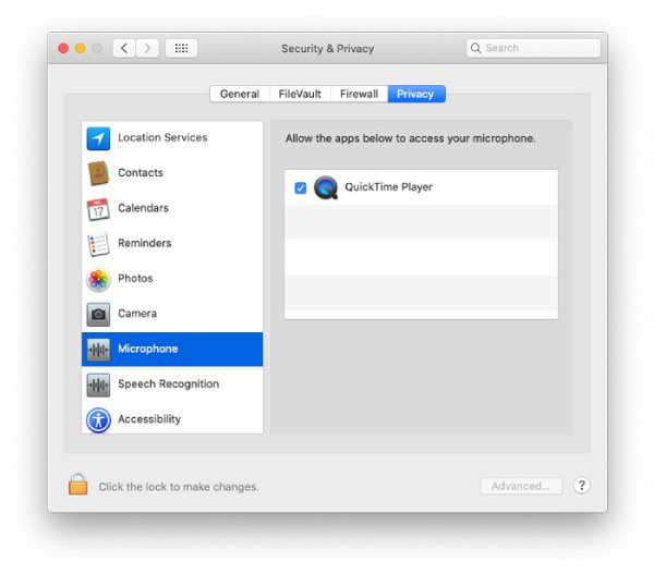開啟 Mac QuickTime 麥克風權限